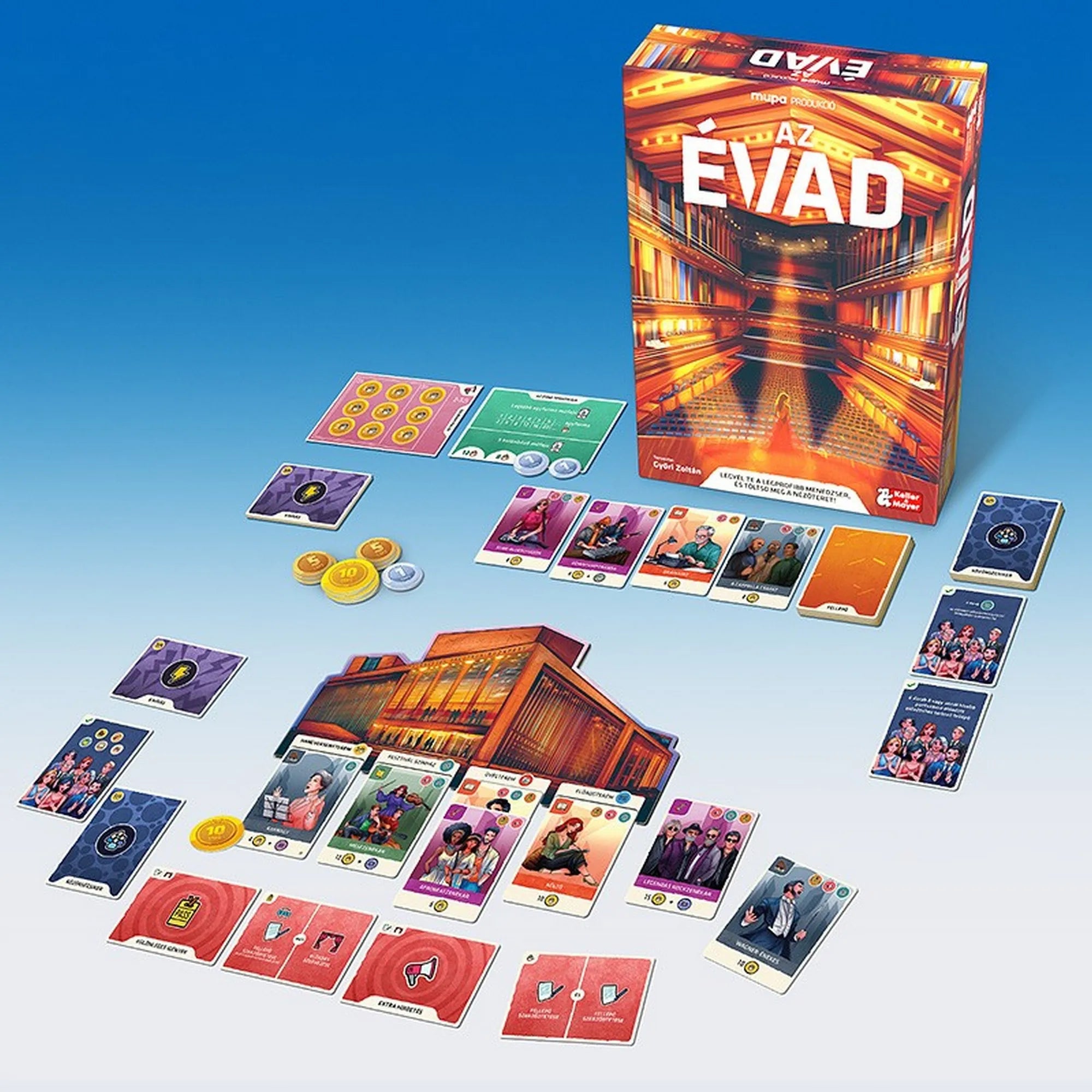 „Az Évad társasjáték teljes játékelrendezése kártyákkal, papírjelzőkkel és a díszdobozzal, amely egy fényárban úszó koncerttermet ábrázol.”