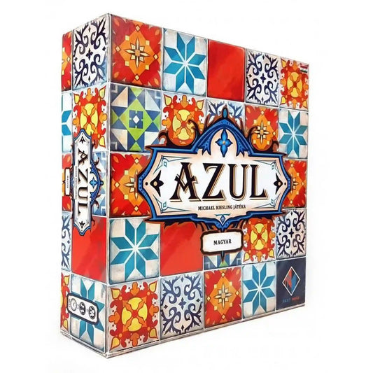 Azul magyar nyelvű társasjáték színes, portugál csempemintákkal díszített doboza.