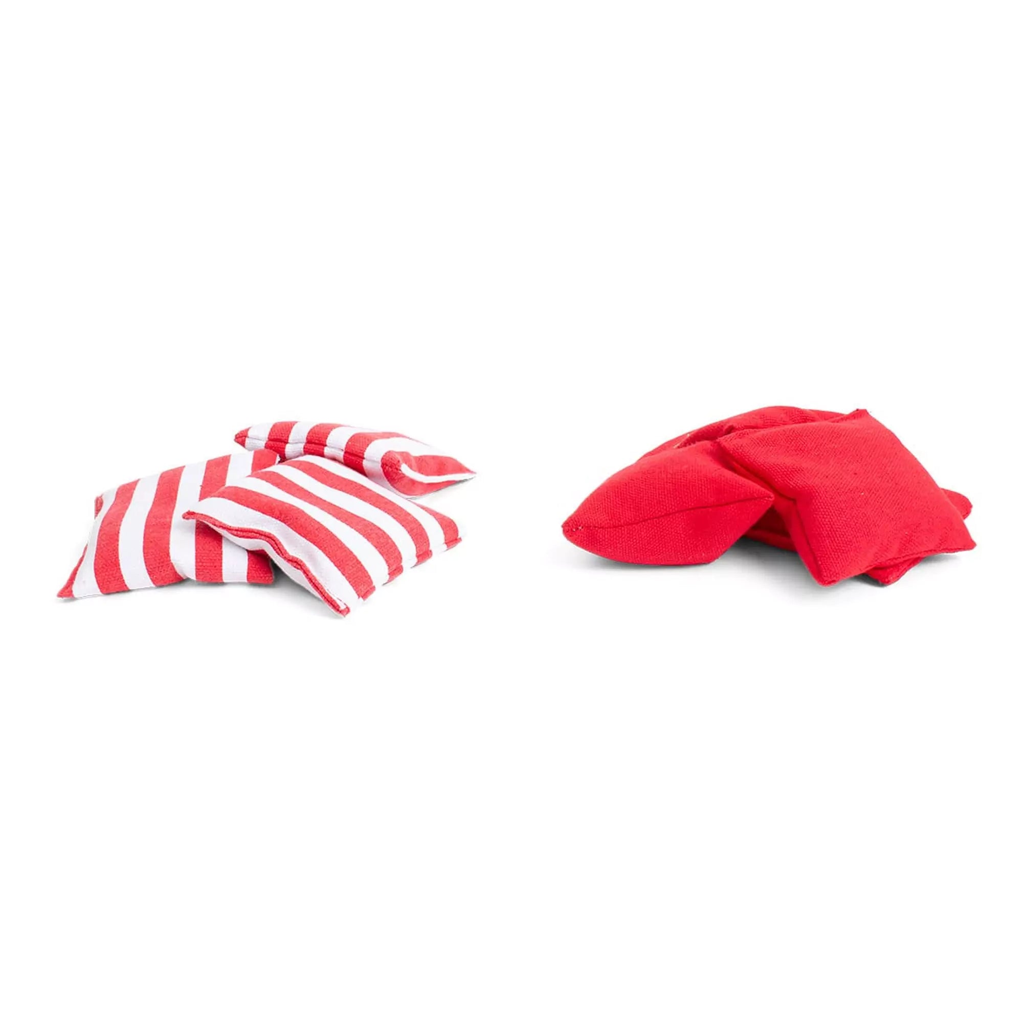 Négy piros-fehér csíkos és négy egyszínű piros babzsák látható fehér háttéren, a BS Toys Cornhole Set tartozékai.