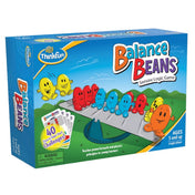 A Thinkfun Balance Beans doboza, rajta a játékfigurák és az egyensúlytábla illusztrációja, valamint a „40 kihívást” hirdető felirat.