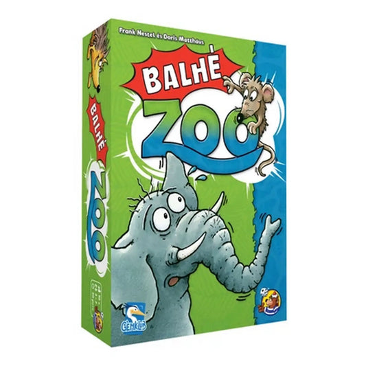BalhéZoo társasjáték doboza színes állatkerti állatokkal, elefánttal és egérrel az előlapján.