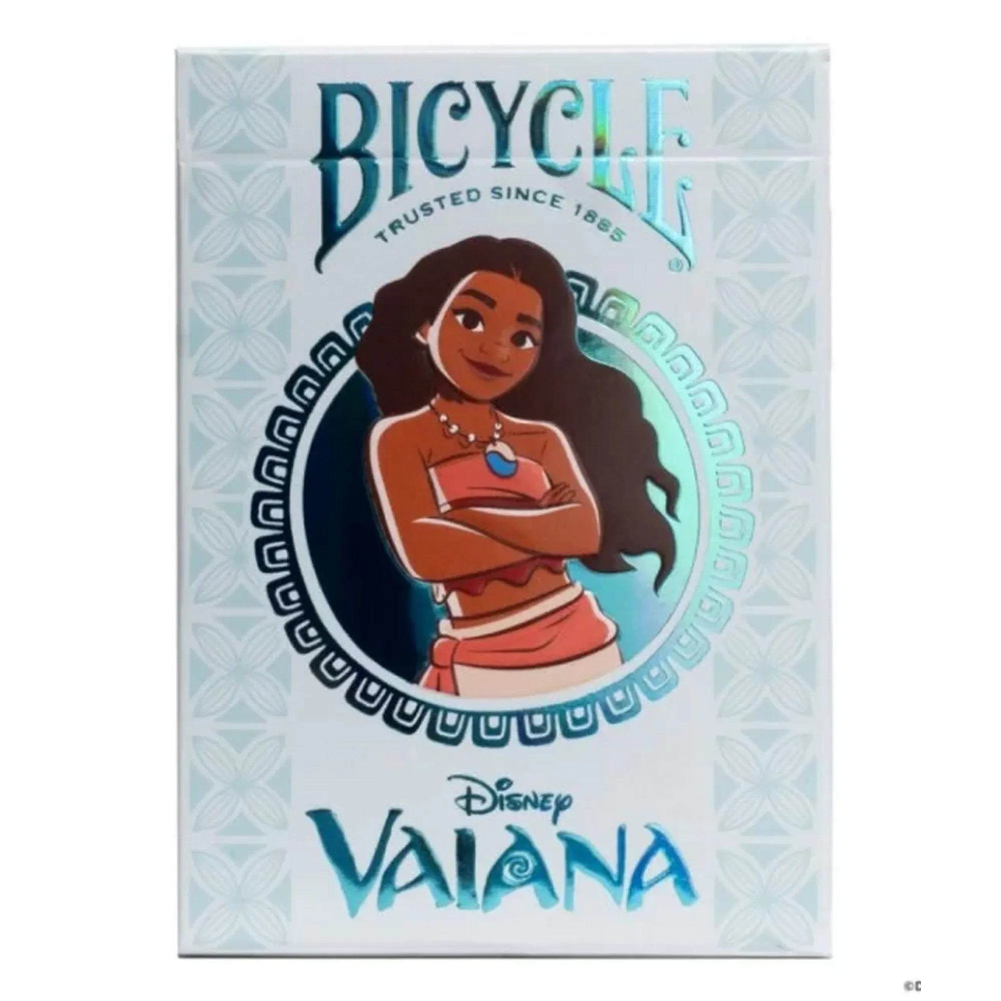 A Bicycle Disney Vaiana kártyapakli előlapja, középen Vaiana karakterével, a logóval és díszes mintákkal.