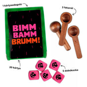 A Bimm Bamm Brumm! dobozának tartalma: kártyaadagoló, kártyák, dobókockák és három fakanál.