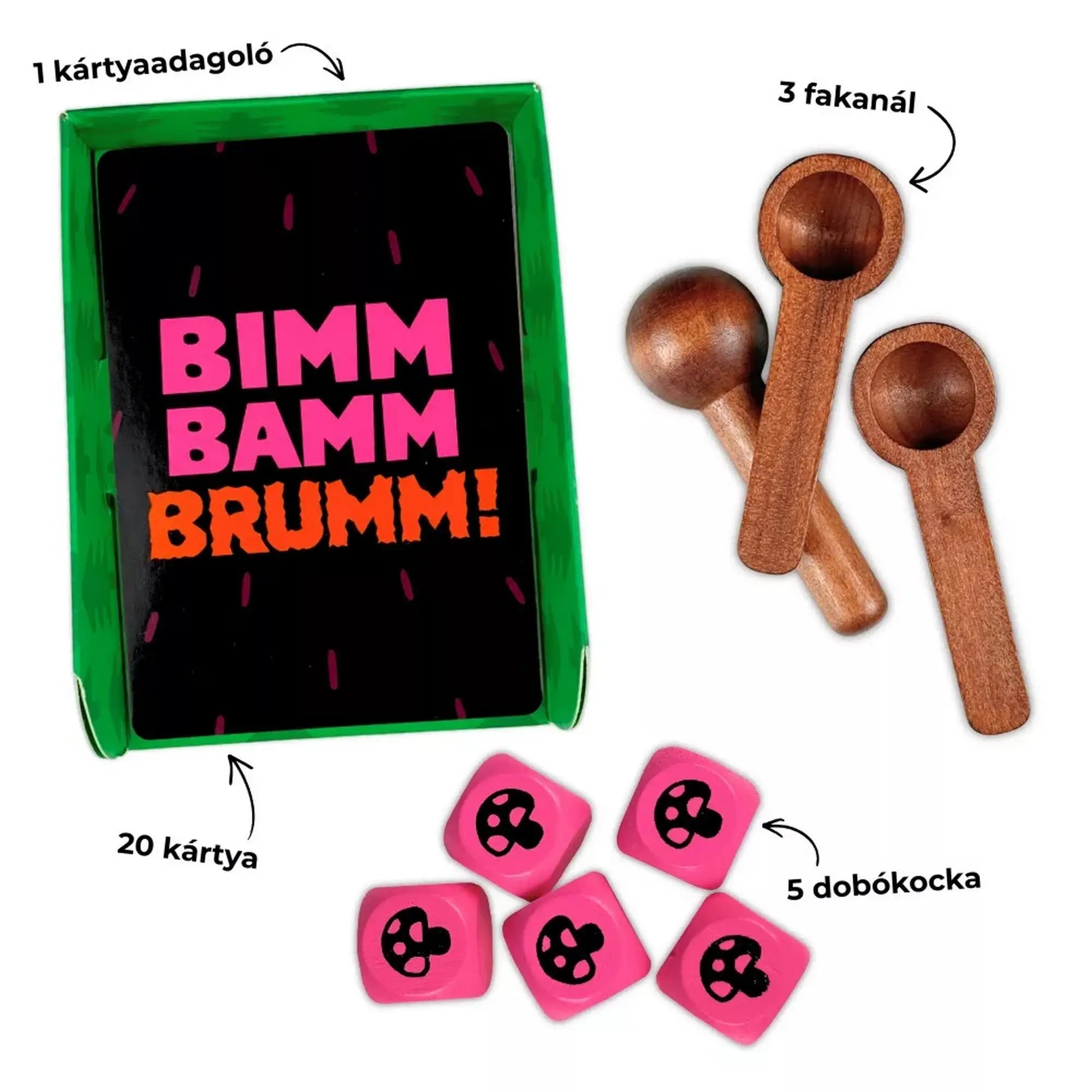 A Bimm Bamm Brumm! dobozának tartalma: kártyaadagoló, kártyák, dobókockák és három fakanál.