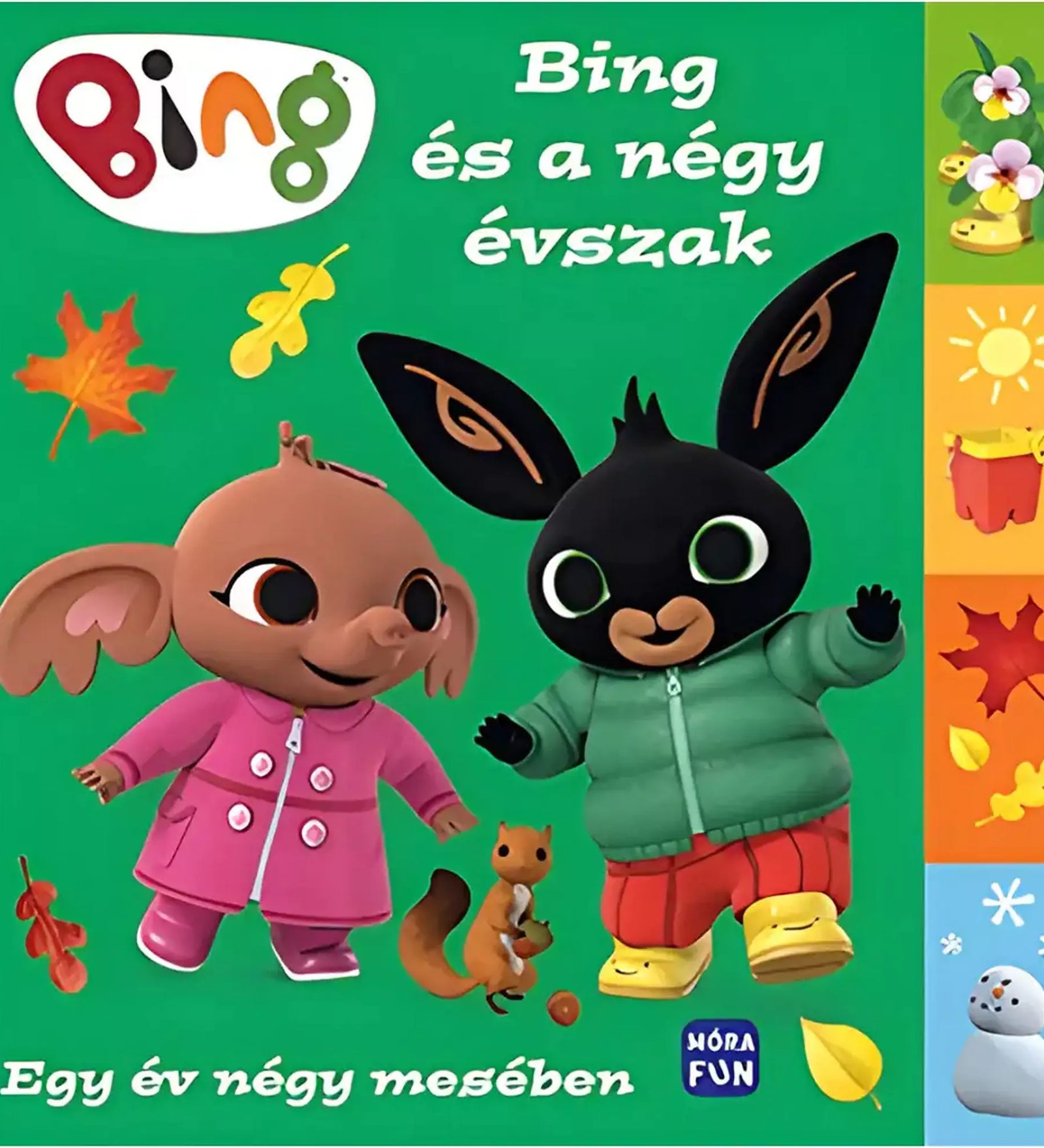 Zöld háttér előtt a "Bing és a négy évszak" könyv borítója, Bing és Sula figuráival, évszakokat jelképező ikonokkal és mókussal.