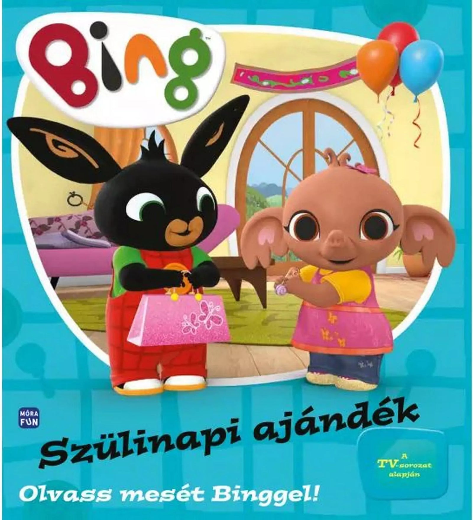 Bing – Szülinapi ajándék című mesekönyv borítója, amelyen Bing nyuszi rózsaszín ajándéktáskát nyújt át barátjának, Sula elefántnak, színes lufikkal díszített szülinapi hangulatban.