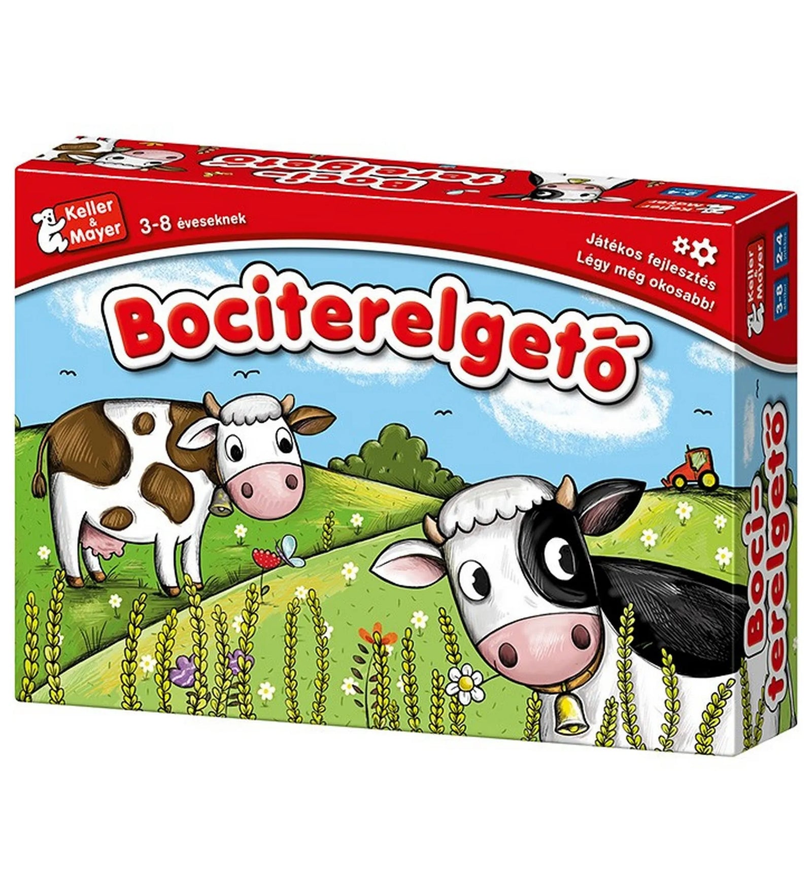 A Bociterelgető társasjáték doboza, rajta két aranyos rajzolt tehén és zöld legelős háttér, piros Keller & Mayer dizájnnal.