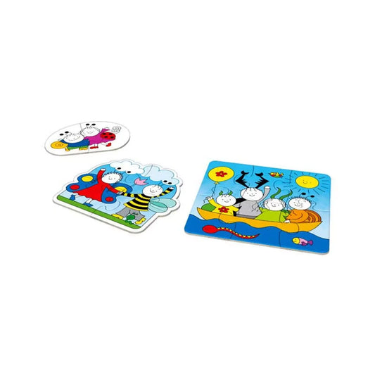 Bogyó és Babóca bébi puzzle – három kirakott, élénk színű puzzle Bogyó és Babóca karaktereivel, kisgyermekek számára tervezve.