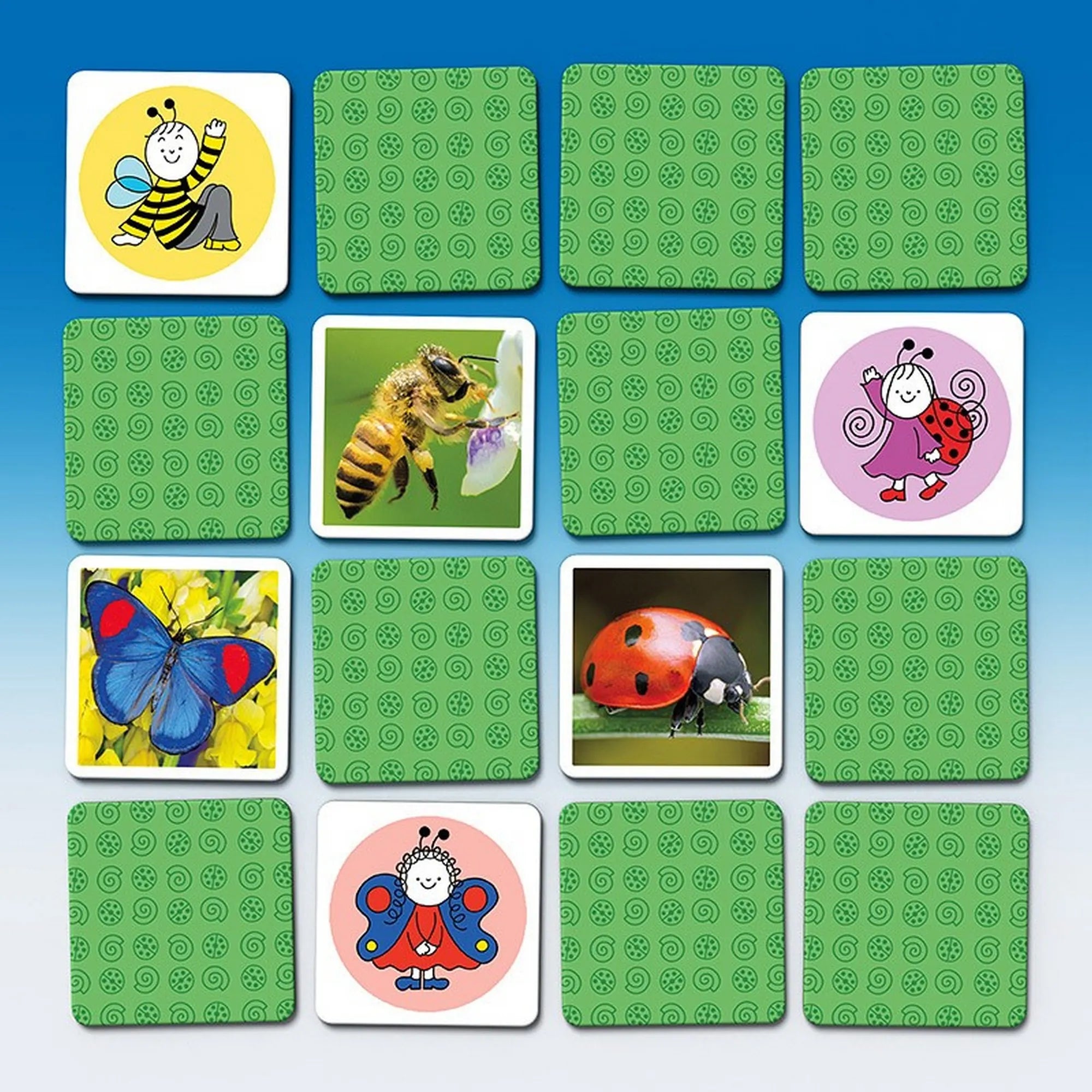 Bogyó és Babóca – Ki kicsoda? memóriajáték kártyarészletek: méhecske, katicabogár, pillangó és más rovaros párok zöld hátú lapok között.