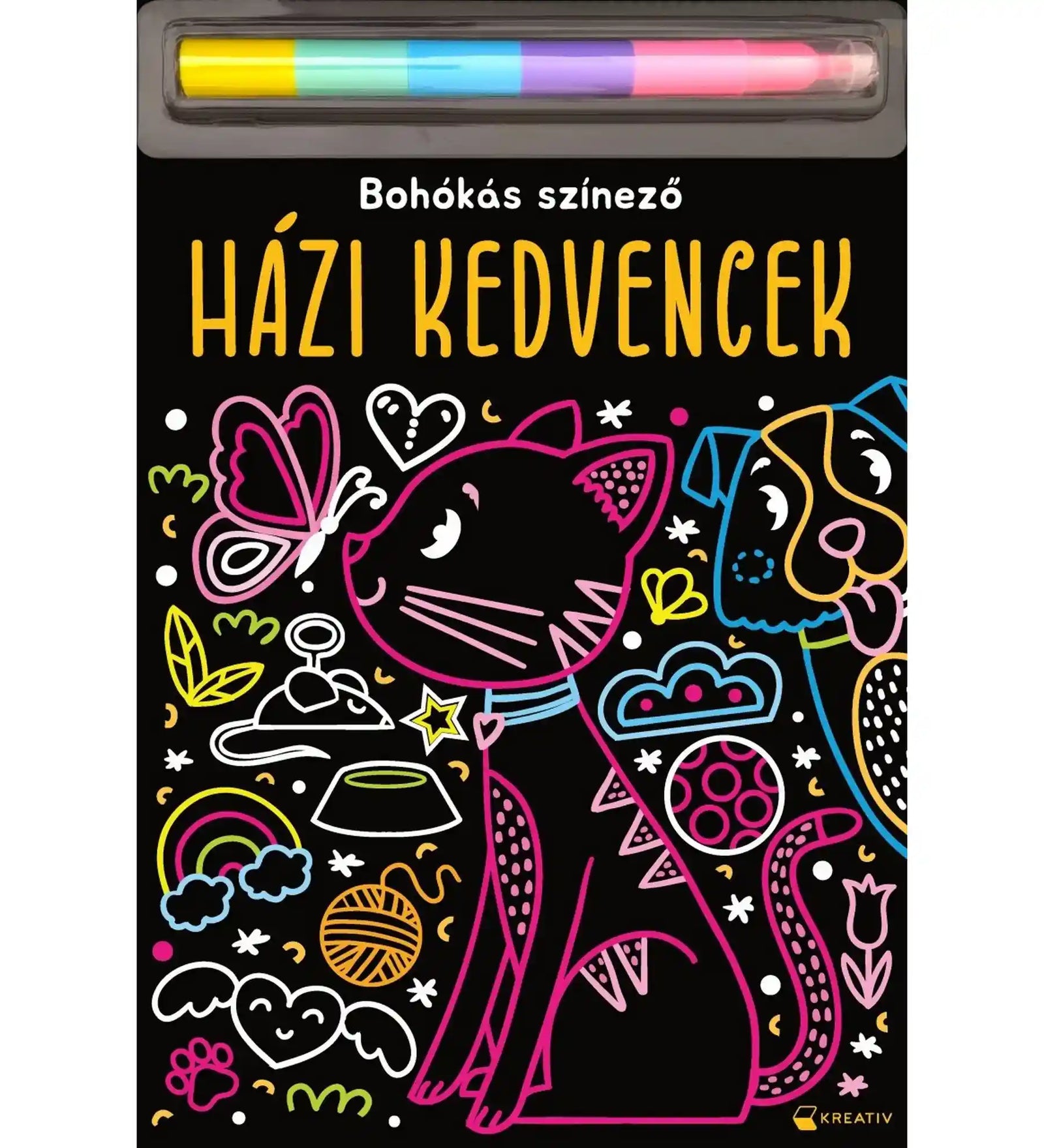 Bohókás színező – Házi kedvencek kreatív színezőfüzet fekete karcképes borítóval, cicás és kutyás mintával, a tetején színezőceruzával.