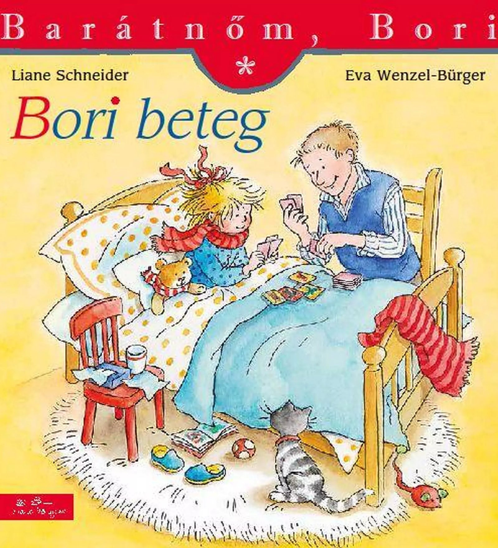 ChatGPT said:
A „Barátnőm, Bori – Bori beteg” könyv borítója, amelyen Bori az ágyban fekszik betakarózva, sálban, mellette apukája kártyázik vele, a földön macska ül.