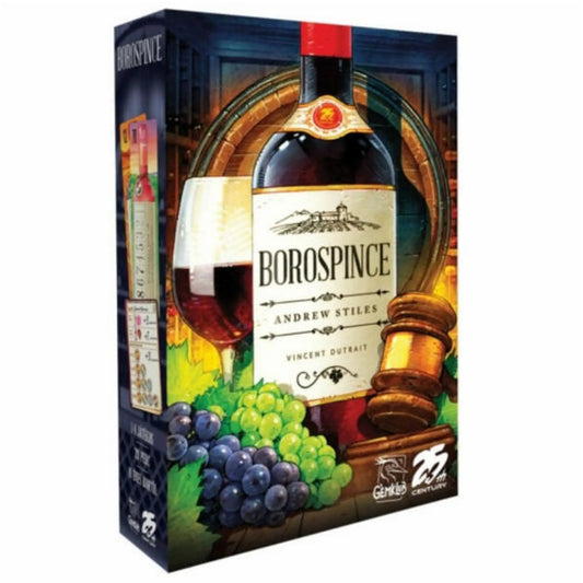 Borospince társasjáték doboza borospalackkal, borospohárral, szőlőfürtökkel és hordóval illusztrálva, elegáns borospince hangulatban