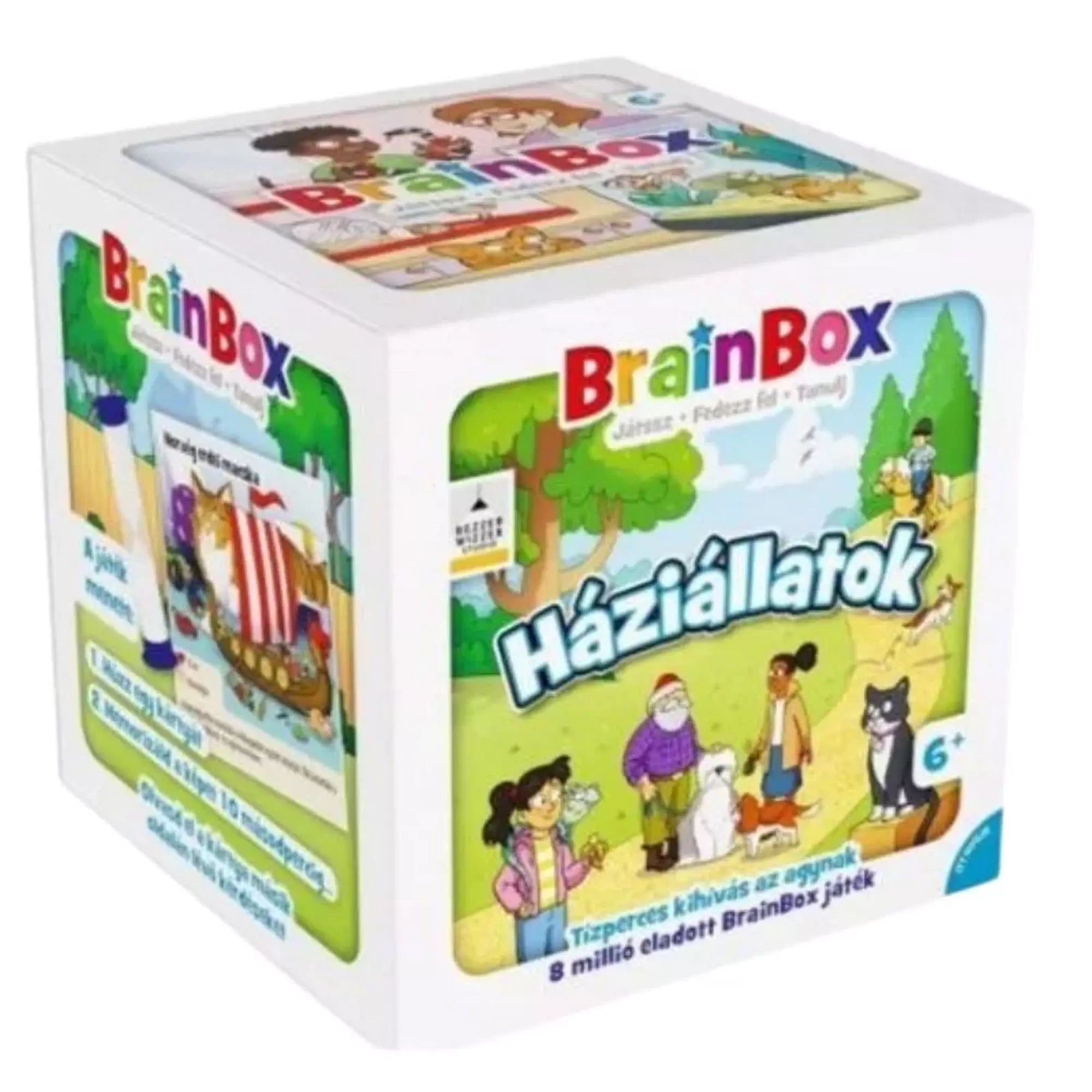 BrainBox Háziállatok társasjáték doboz, illusztrált állatokkal és a játék logójával.
