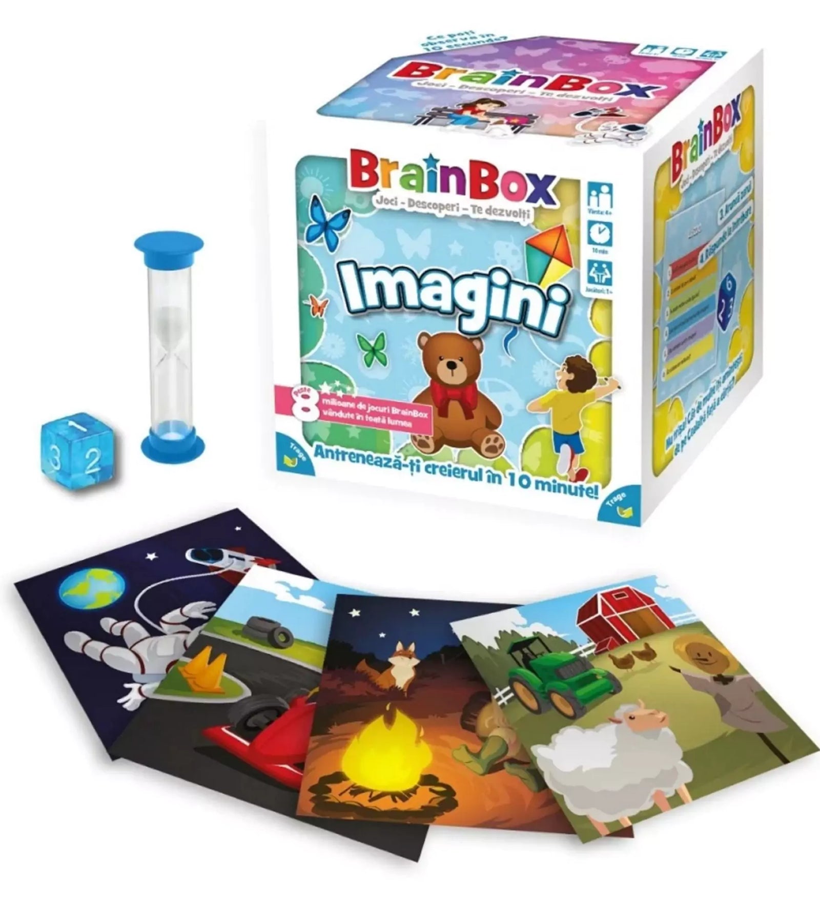 A BrainBox Imagini társasjáték doboza homokórával, dobókockával és több színes képkártyával, amelyek űrhajóst, tábortüzet, traktort és tanyasi jeleneteket ábrázolnak.