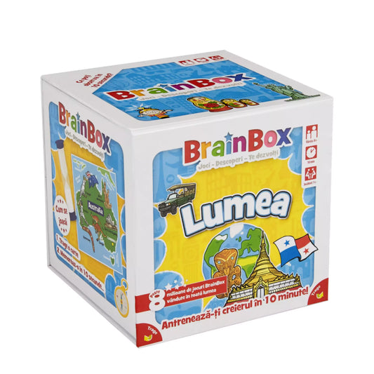 A BrainBox Lumea játék doboza enyhén oldalnézetből, ahol jól kivehető az egyik oldalon található Ausztrália tematikájú kártya és a „Hogyan játszunk?” felirat.