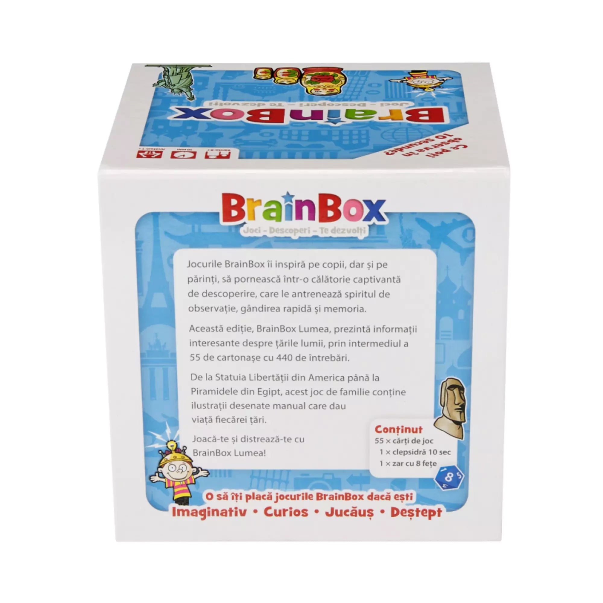 A BrainBox Lumea oktatójáték hátoldala, részletes román nyelvű leírással a játék céljáról és tartalmáról, valamint a csomag tartalmát felsoroló grafikával.