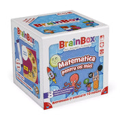  A BrainBox – Matematica pentru cei mici játék doboza előnézetben, színes rajzokkal és vidám karakterekkel, köztük egy polippal és egy rakétával, kék háttéren.