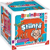 A BrainBox: Știință oktatójáték doboza enyhén oldalról fényképezve, a bal oldalon a játékszabályok bemutatása látható illusztrációval, a frontoldalon pedig a jól ismert tudósfigura és „Știință” felirat.