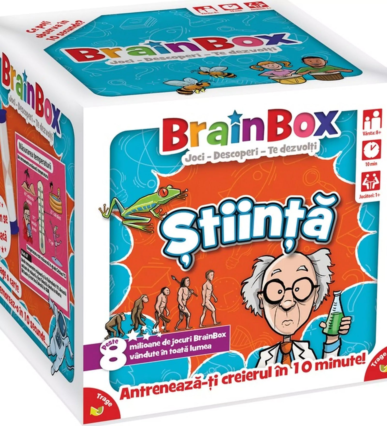 A BrainBox: Știință oktatójáték doboza enyhén oldalról fényképezve, a bal oldalon a játékszabályok bemutatása látható illusztrációval, a frontoldalon pedig a jól ismert tudósfigura és „Știință” felirat.
