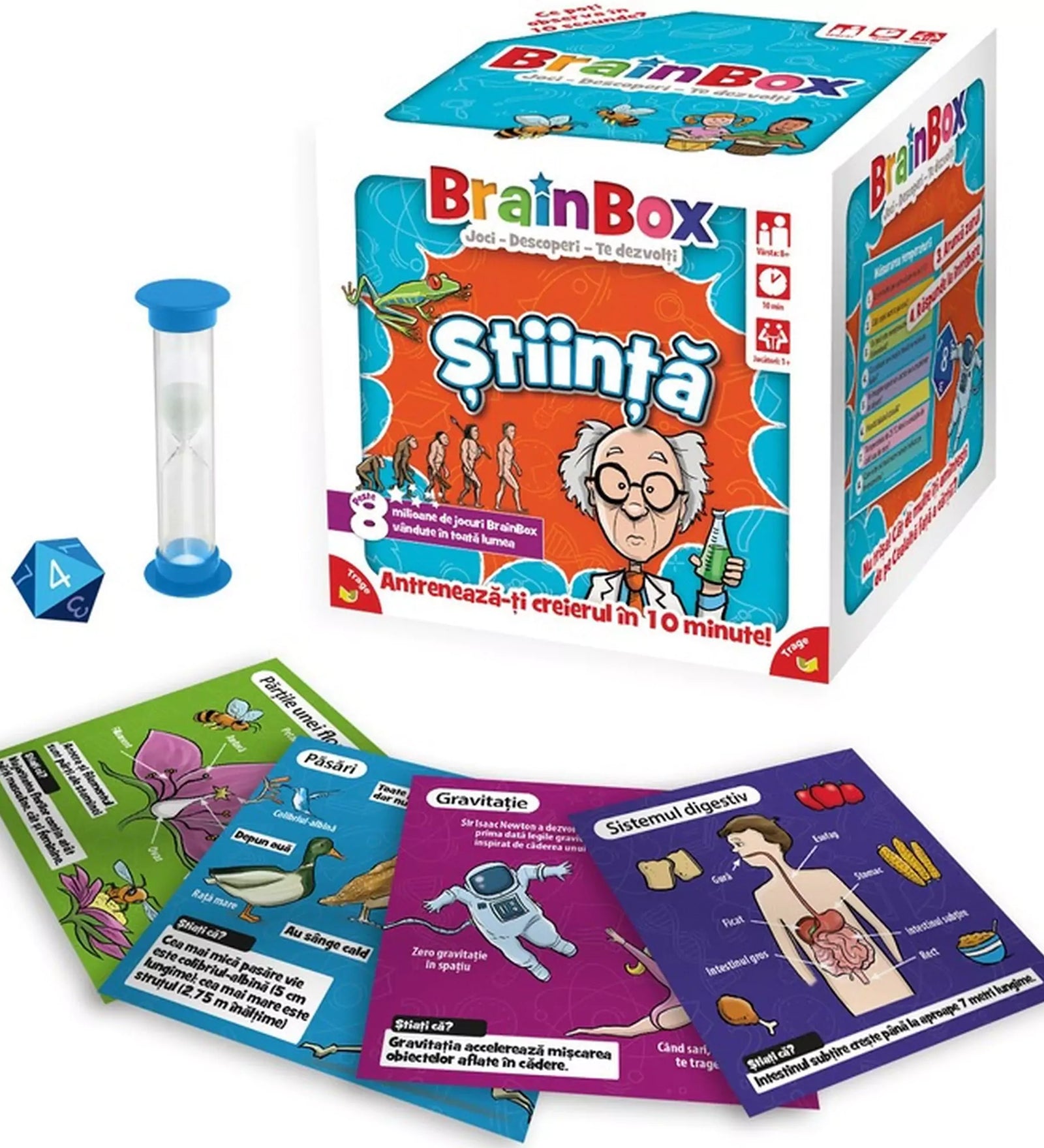 A BrainBox: Știință játék tartalma kibontva: a doboz mellett egy homokóra, egy kék dobókocka és több színes kártya, rajtuk tudományos témák, mint gravitáció, emésztőrendszer és madarak.