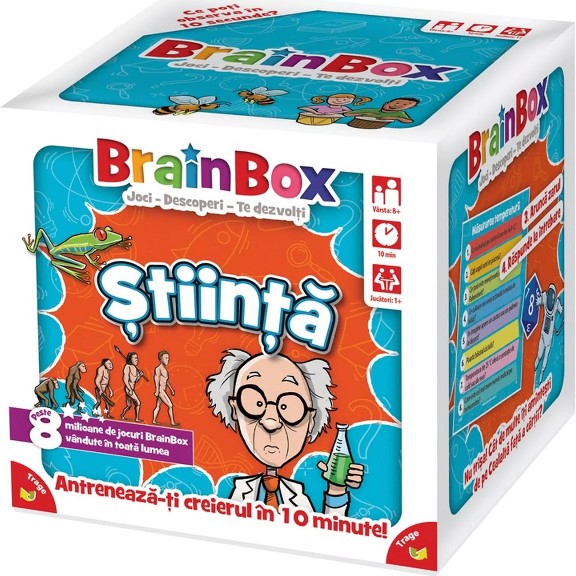 A BrainBox: Știință oktatójáték doboza enyhén oldalról fényképezve, a bal oldalon a játékszabályok bemutatása látható illusztrációval, a frontoldalon pedig a jól ismert tudósfigura és „Știință” felirat.