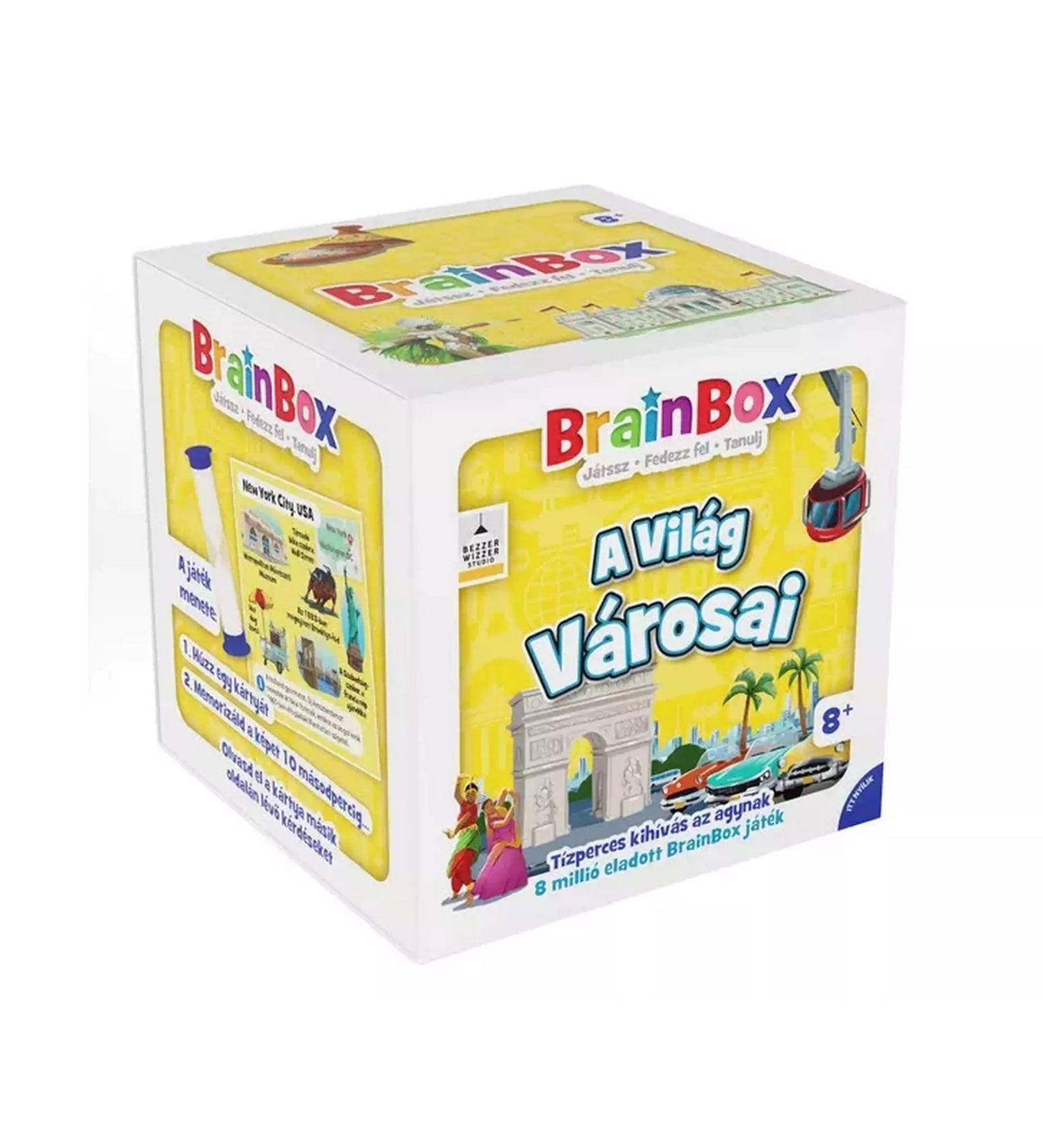 BrainBox A Világ városai társasjáték új kiadás, magyar nyelvű doboz, élénk sárga háttérrel és városi illusztrációkkal.