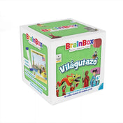 A BrainBox Világutazó társasjáték zöld doboza, amelyen különböző országok kultúráit bemutató illusztrációk, például egy sárkány és hagyományos ruhát viselő emberek láthatók.