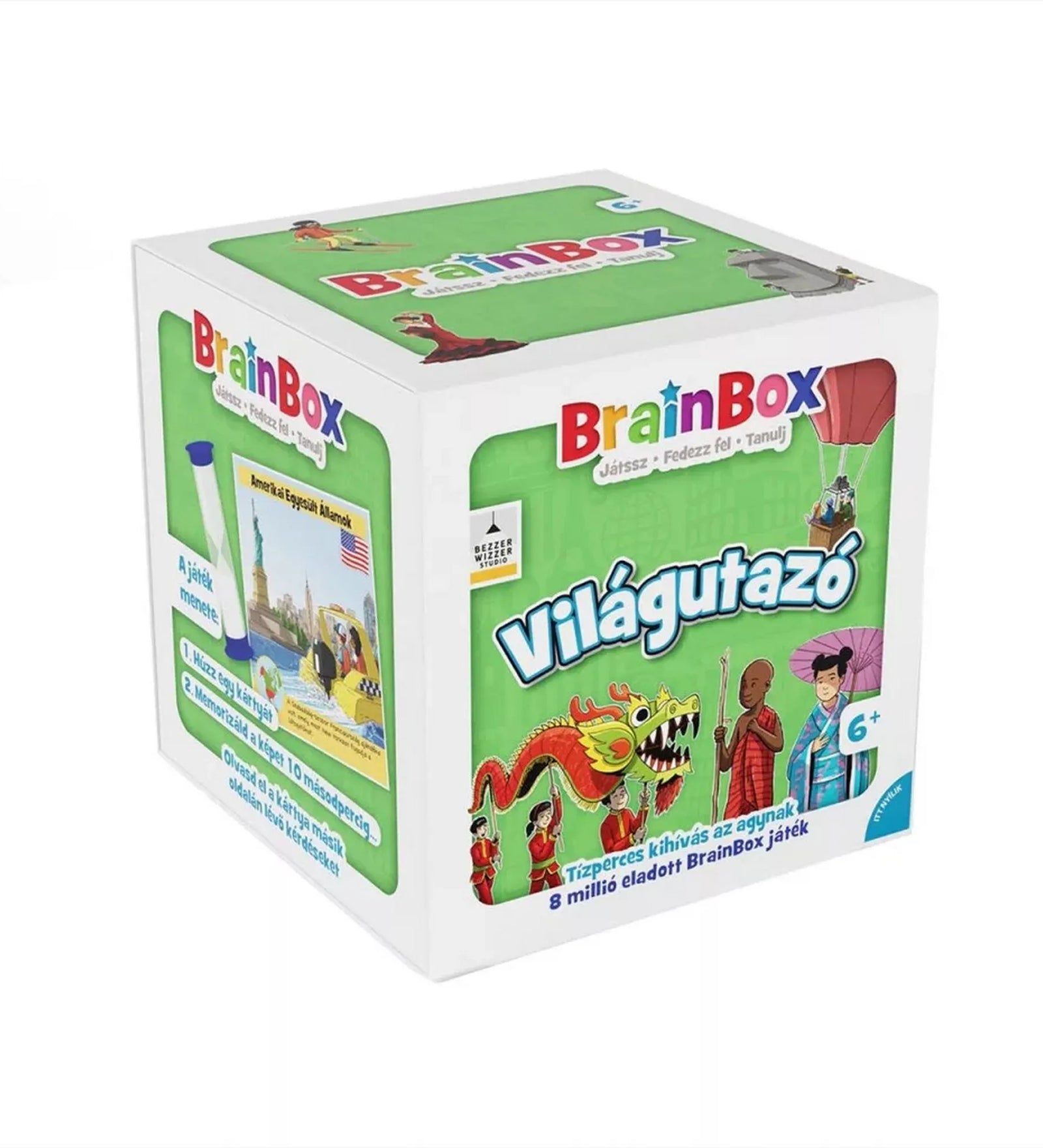A BrainBox Világutazó társasjáték zöld doboza, amelyen különböző országok kultúráit bemutató illusztrációk, például egy sárkány és hagyományos ruhát viselő emberek láthatók.