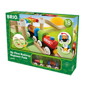BRIO My First Railway Beginner Pack csomagolás előlnézete, színes vonattal és sínpálya illusztrációval, 18 hónapos kortól ajánlva.