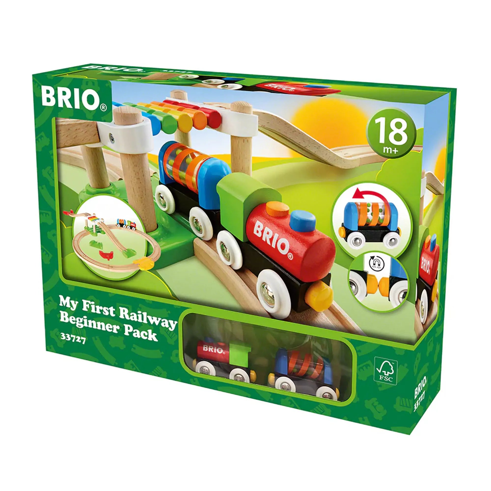 BRIO My First Railway Beginner Pack csomagolás előlnézete, színes vonattal és sínpálya illusztrációval, 18 hónapos kortól ajánlva.