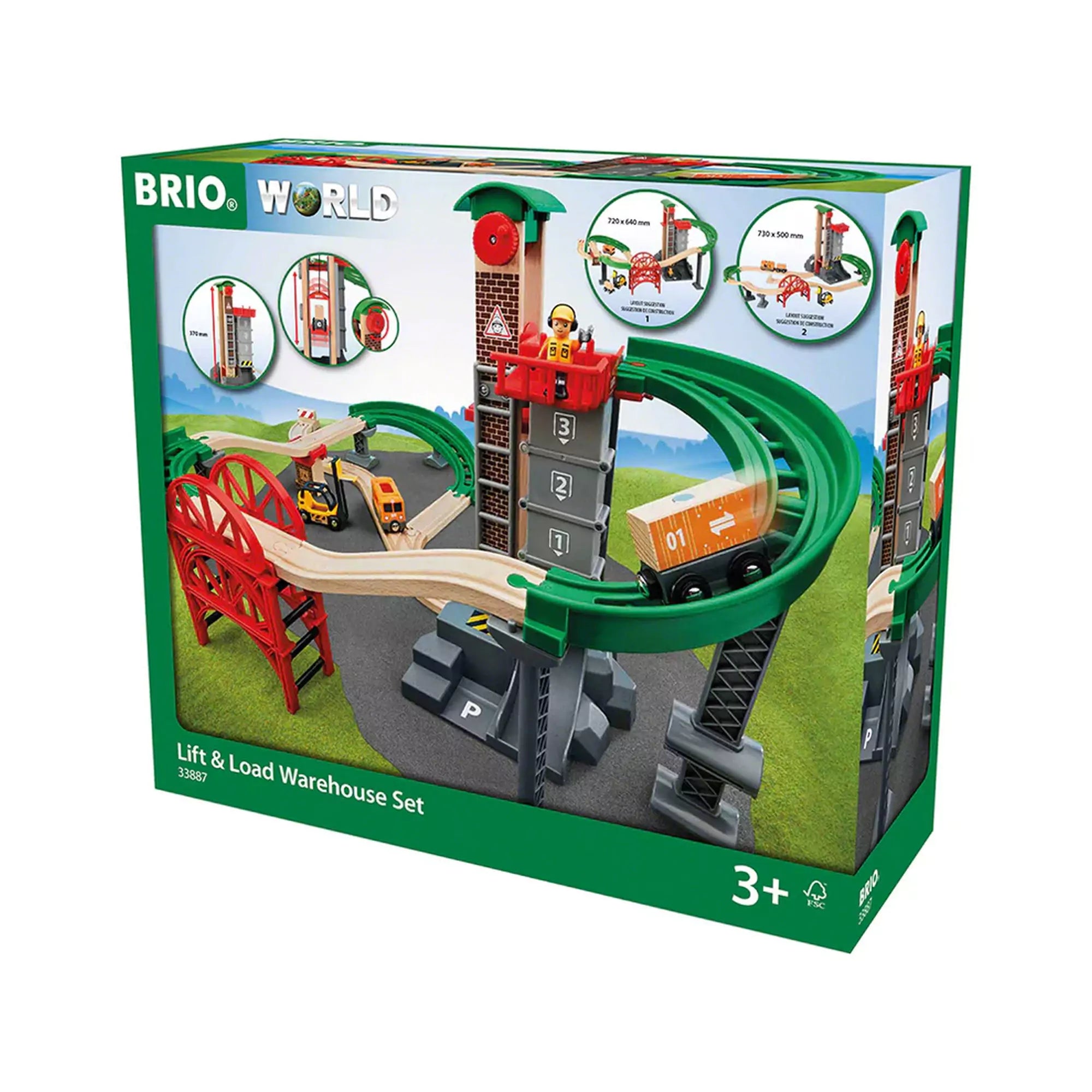 BRIO World Lift & Load Warehouse Set csomagolás előlnézete, amely bemutatja a készlet tartalmát, toronnyal, híddal és vonatpályával.
