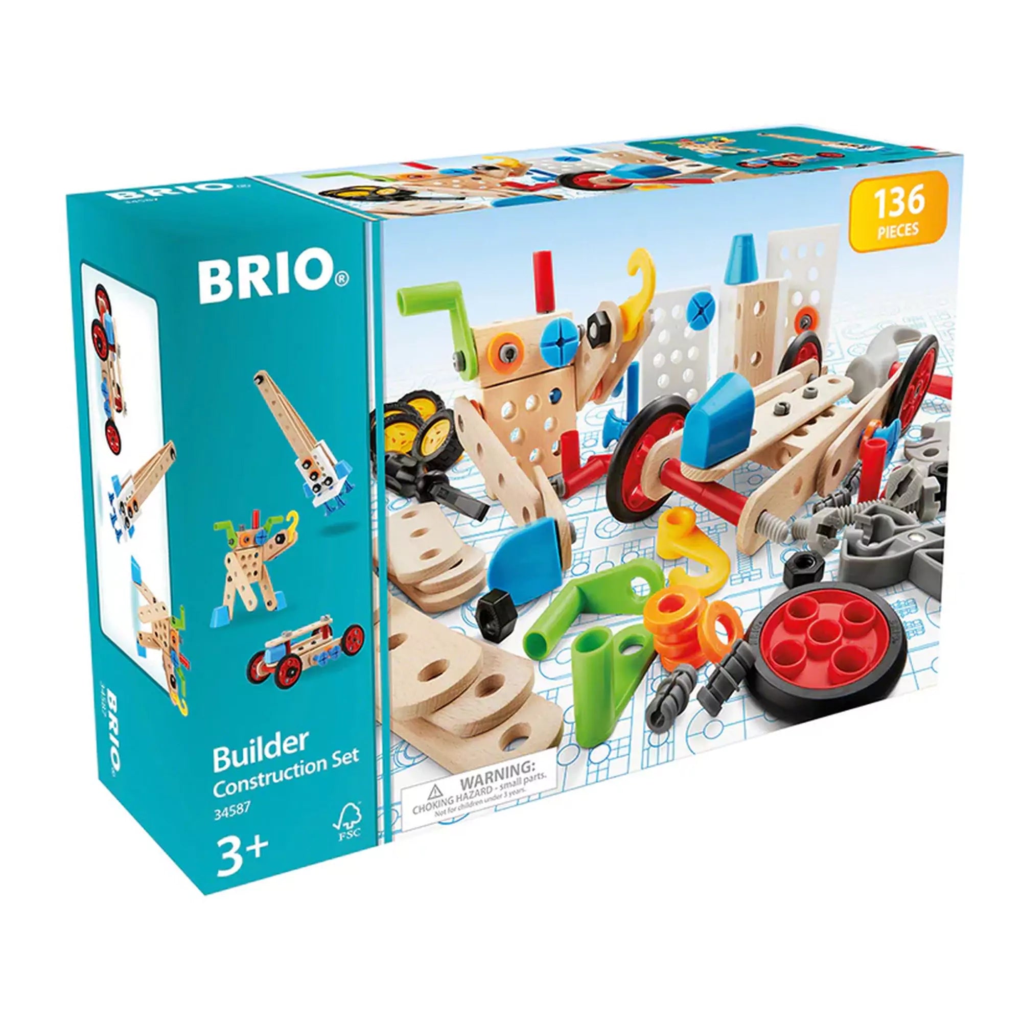 BRIO: Építőjáték készlet, 136 darabos doboz közelről, rajta a különféle színes fa és műanyag elemek, kerekek és építési lehetőségek ábrázolva.