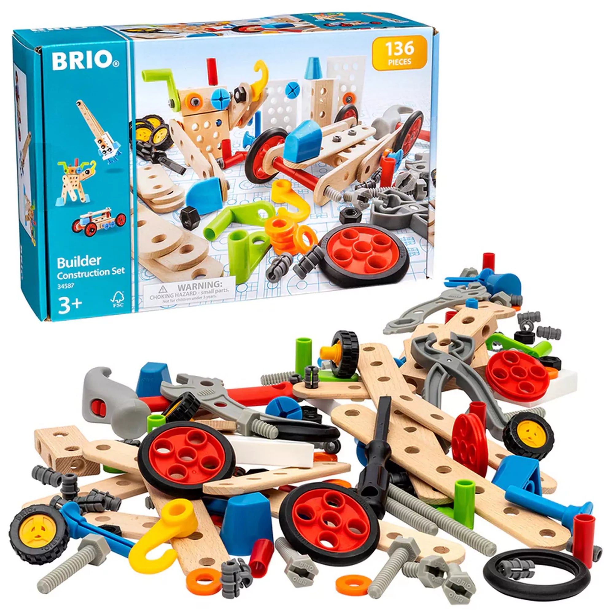 BRIO Builder Construction Set (34587) építőkészlet doboza, előtte a színes fa és műanyag elemek, kerekek, csavarok és szerszámok láthatók.