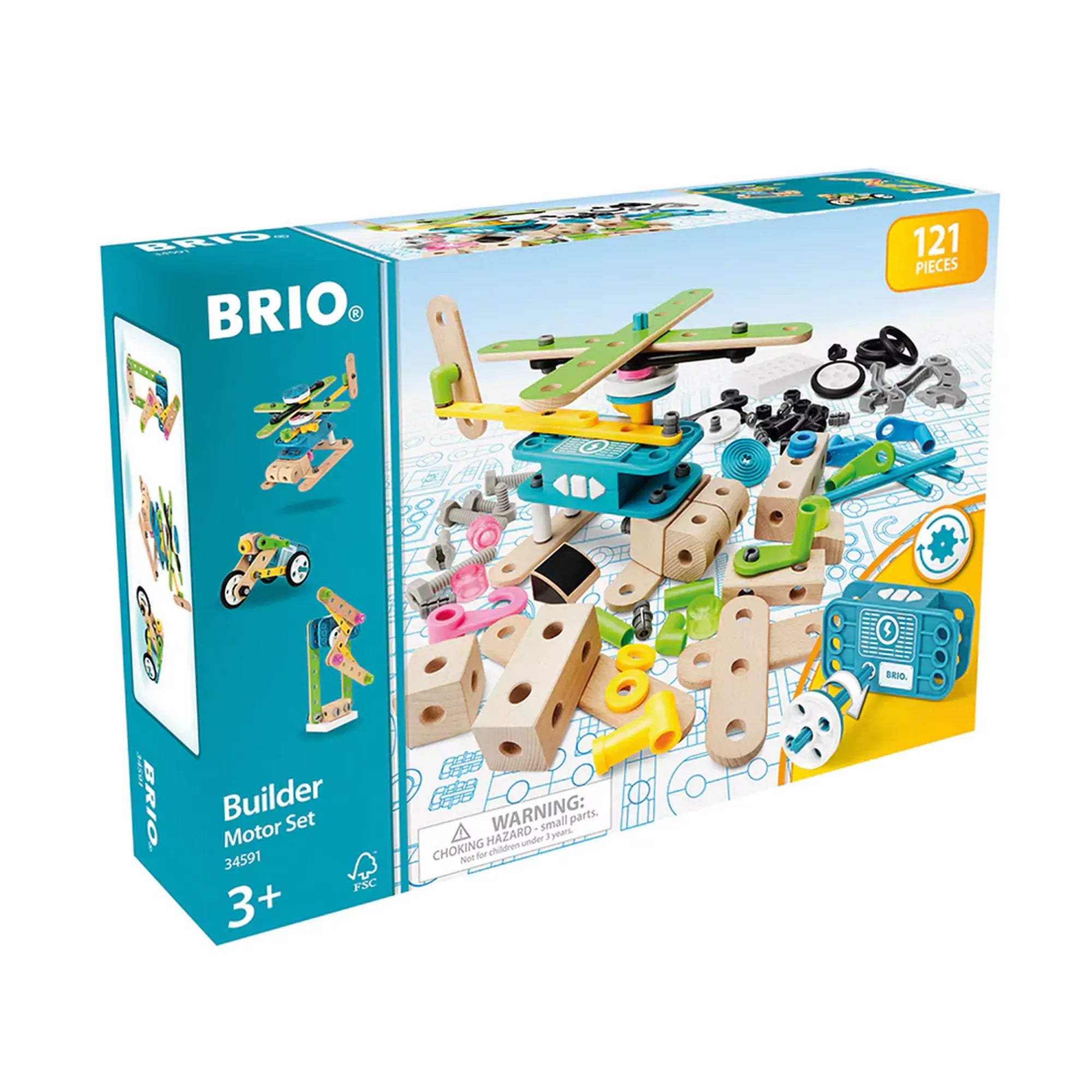 BRIO Építőjáték készlet motorral (34591) dobozkép – 121 darabos kreatív építőszett, amely fa és műanyag elemeket, színes alkatrészeket és elemmel működő motort tartalmaz, 3 éves kortól ajánlott.
