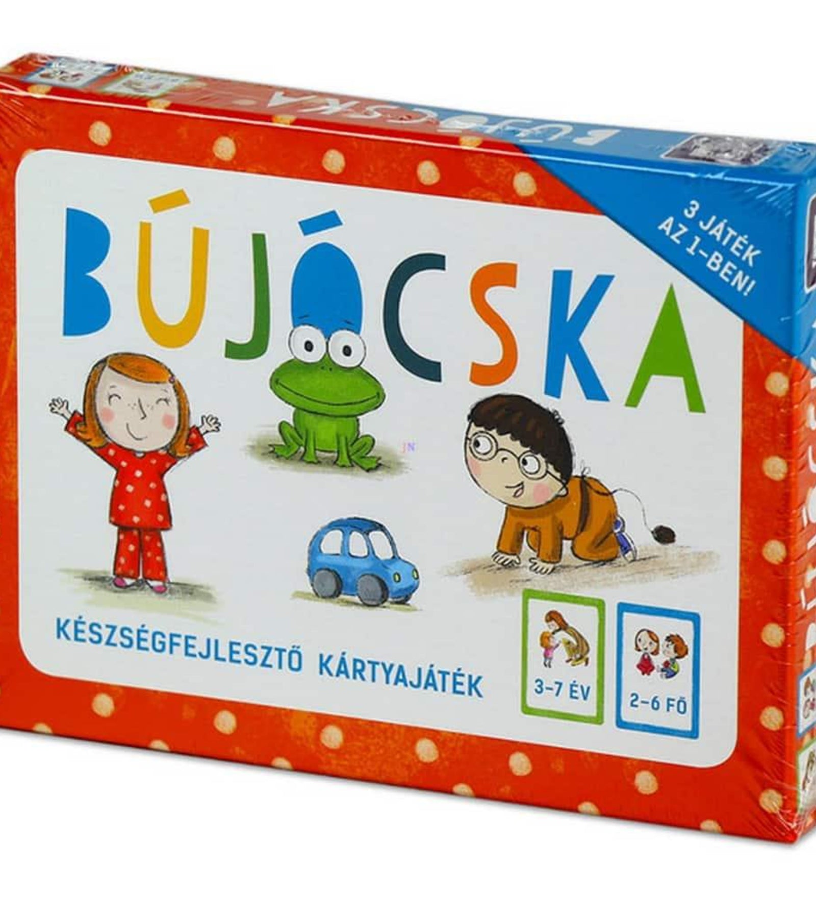 Bújócska készségfejlesztő kártyajáték doboza, amely 3-7 éves gyerekek számára készült, színes illusztrációkkal.