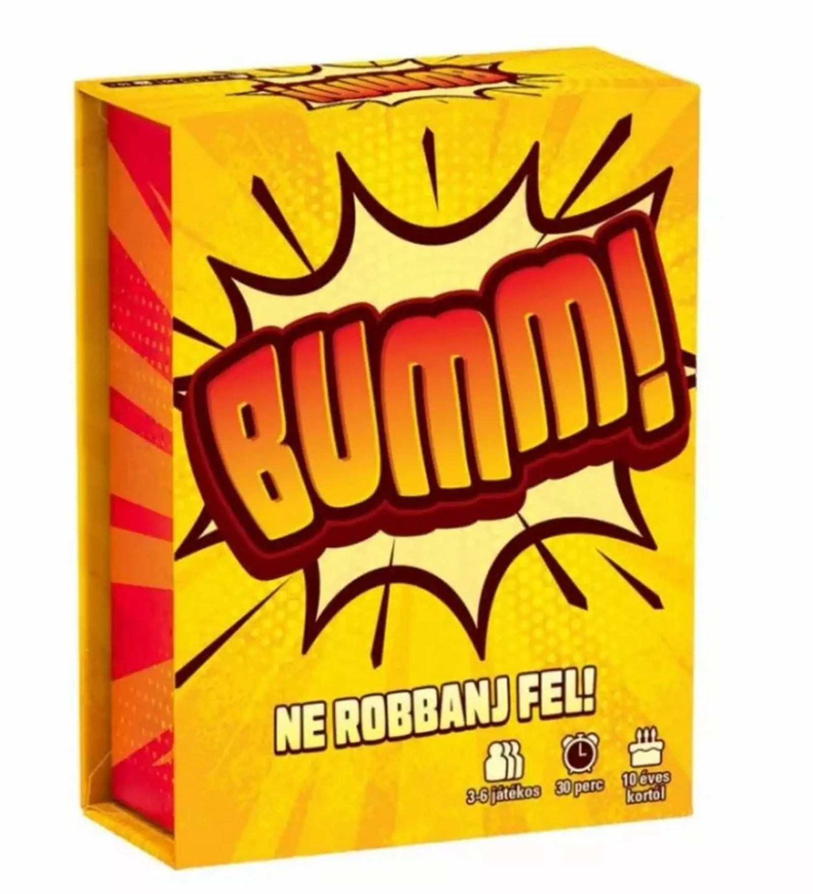 Bumm! – Ne robbanj fel társasjáték doboza sárga háttérrel, robbanás grafikával és játékinformációkkal (3-6 játékos, 30 perc, 10+)