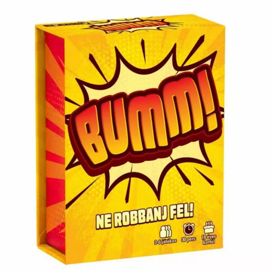 Bumm! – Ne robbanj fel társasjáték doboza sárga háttérrel, robbanás grafikával és játékinformációkkal (3-6 játékos, 30 perc, 10+)