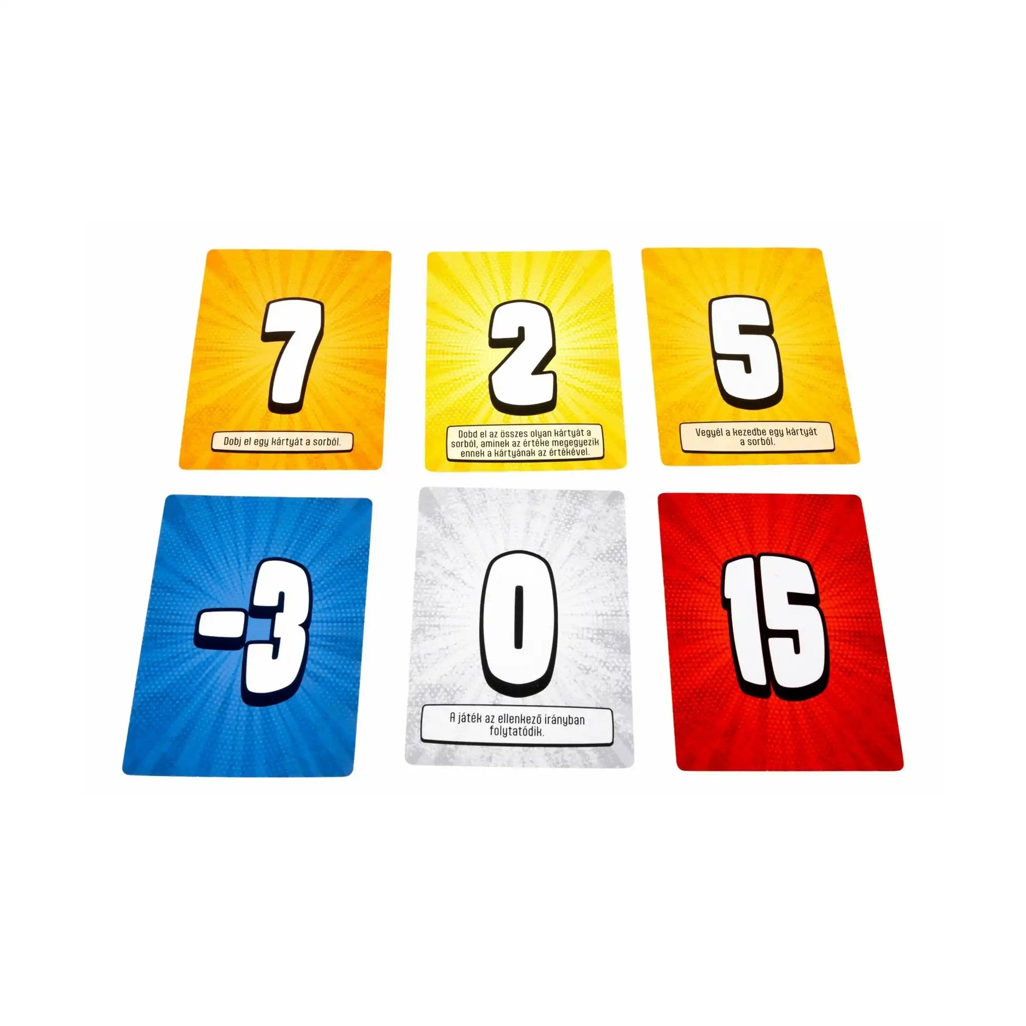 különböző értékű számkártyák (-3, 0, 2, 5, 7, 15) élénk színekben, akciókártya szövegekkel