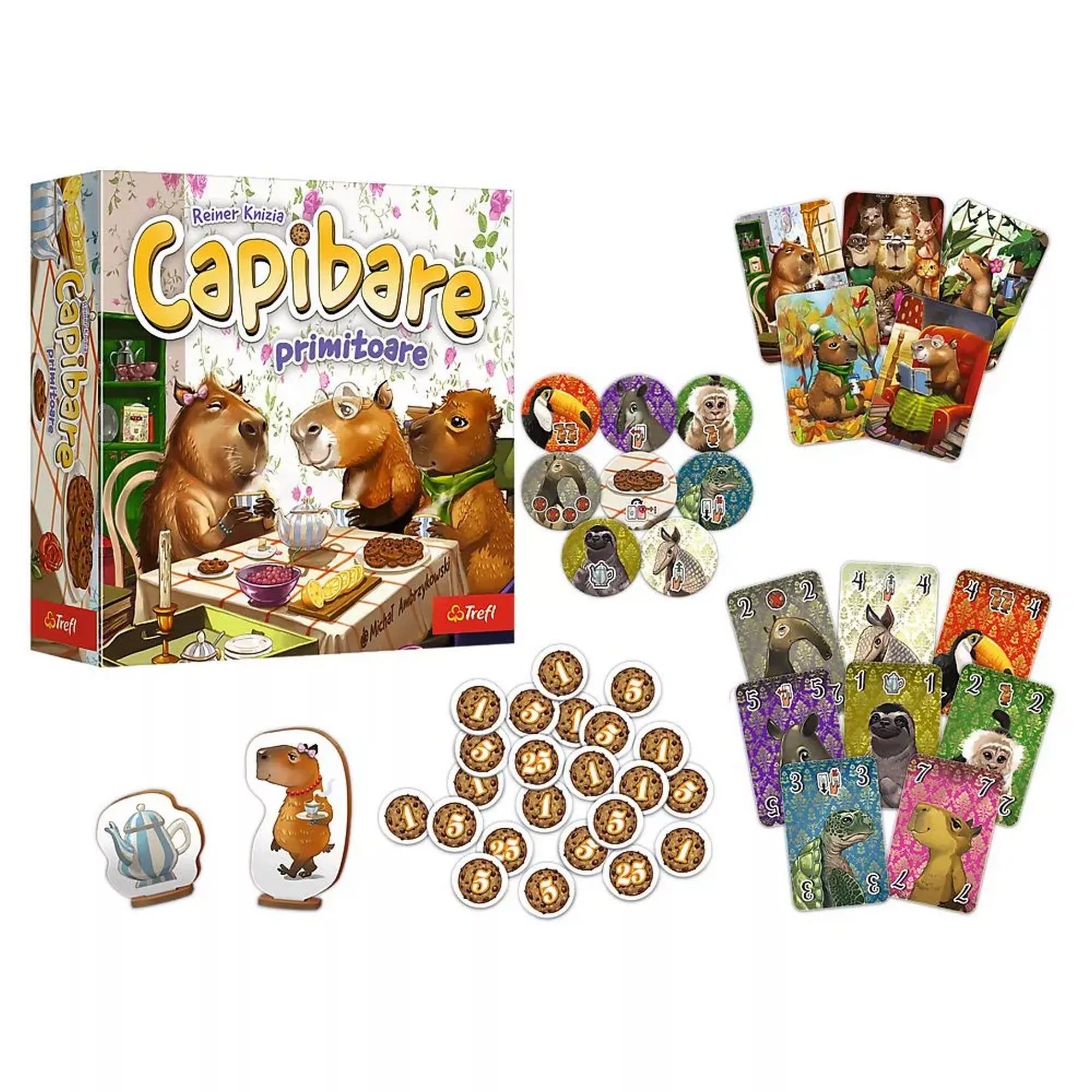 Capibare primitoare társasjáték teljes tartalma kibontva: kártyák, jelzők, figurák és doboz