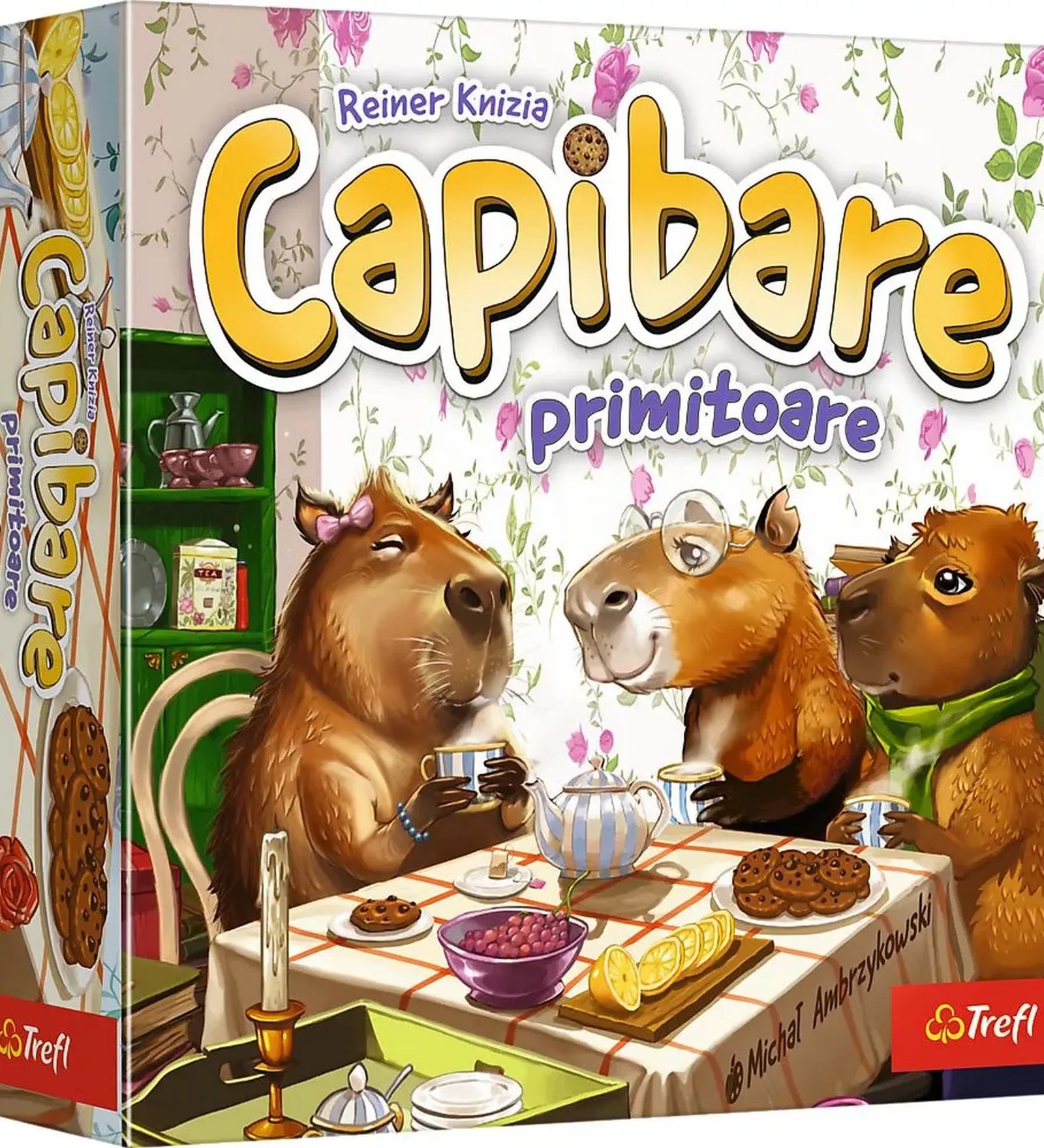 Capibare primitoare társasjáték doboza, teázó kapibarákkal, Reiner Knizia játéka, Trefl kiadás