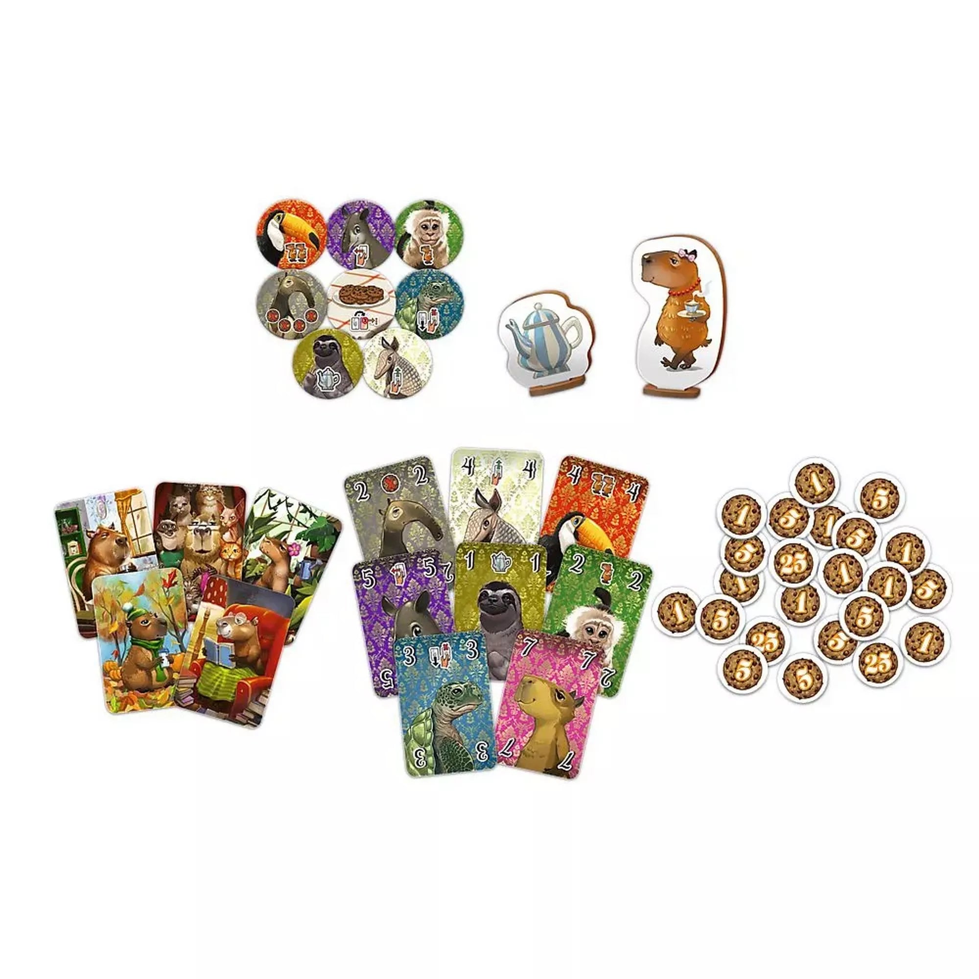 Capibare primitoare társasjáték elemei: állatkártyák, süti jelzők, figurák és kártyapakli