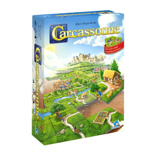 A Carcassonne a romániai erődtemplomok kiegészítővel, román nyelvű társasjáték dobozképe középkori tájjal és városépítő játékelemekkel.