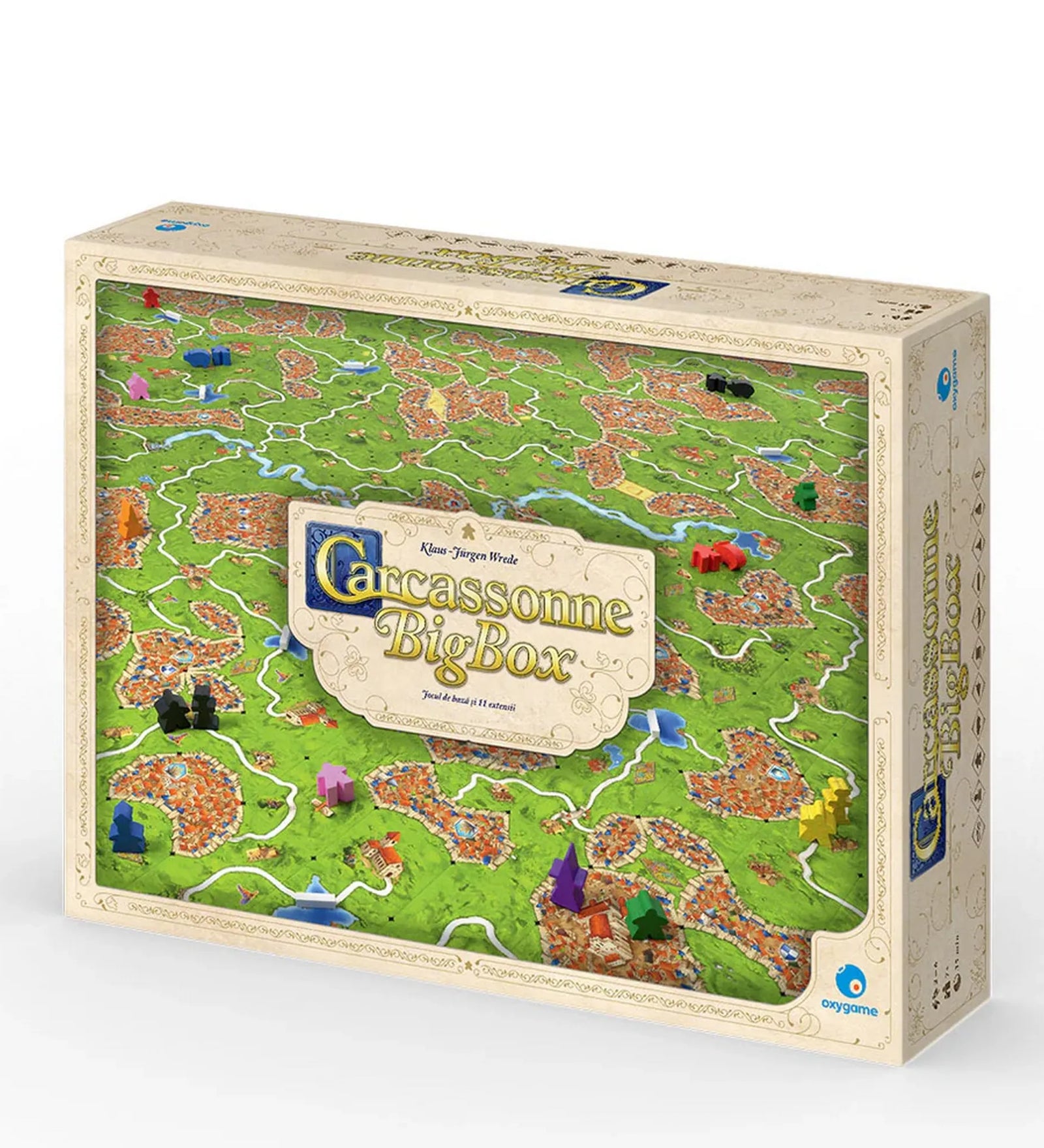 A Carcassonne Big Box társasjáték doboza, melyen a zöld táj, városok és utak motívuma látható. A borítón a játék logója és felirata: „Carcassonne Big Box”, a népszerű stratégiai játék alapjátékkal és több kiegészítővel egy csomagban.