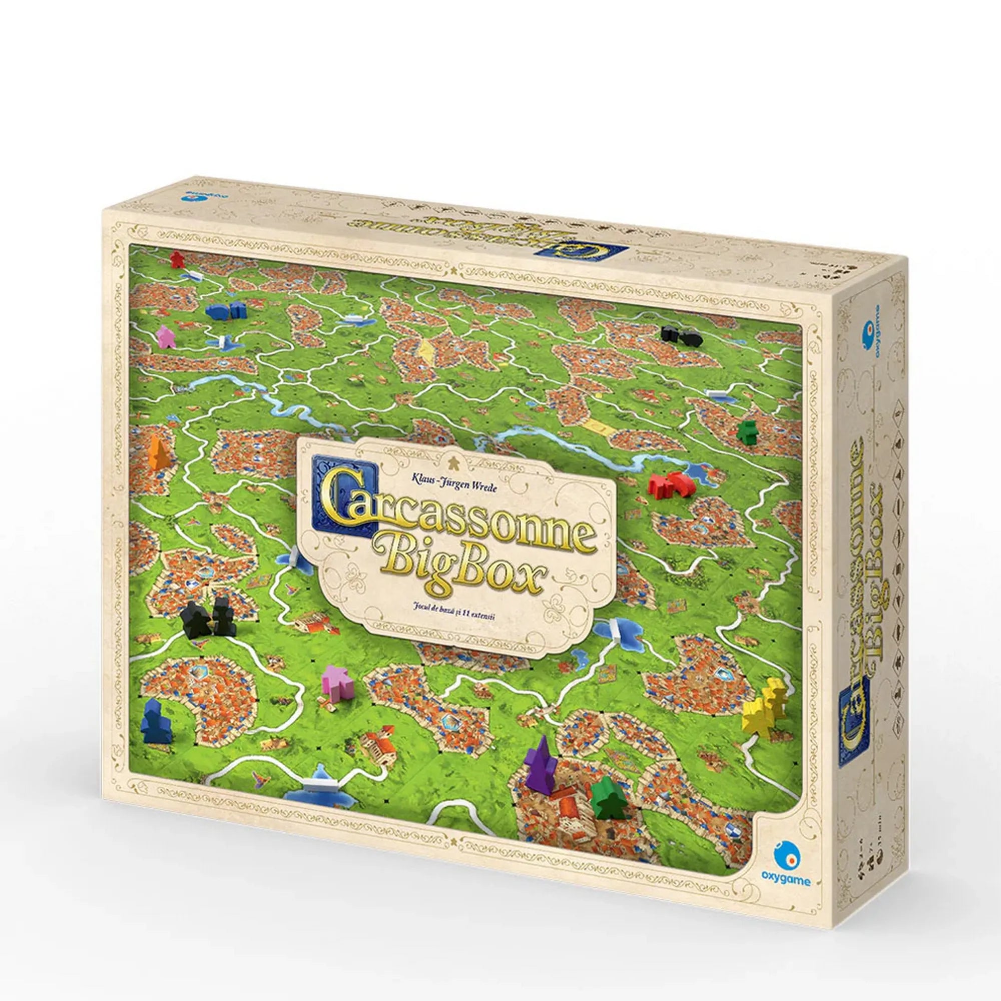 A Carcassonne Big Box társasjáték doboza, melyen a zöld táj, városok és utak motívuma látható. A borítón a játék logója és felirata: „Carcassonne Big Box”, a népszerű stratégiai játék alapjátékkal és több kiegészítővel egy csomagban.