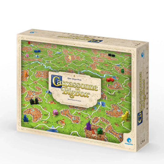 A Carcassonne Big Box társasjáték doboza, melyen a zöld táj, városok és utak motívuma látható. A borítón a játék logója és felirata: „Carcassonne Big Box”, a népszerű stratégiai játék alapjátékkal és több kiegészítővel egy csomagban.