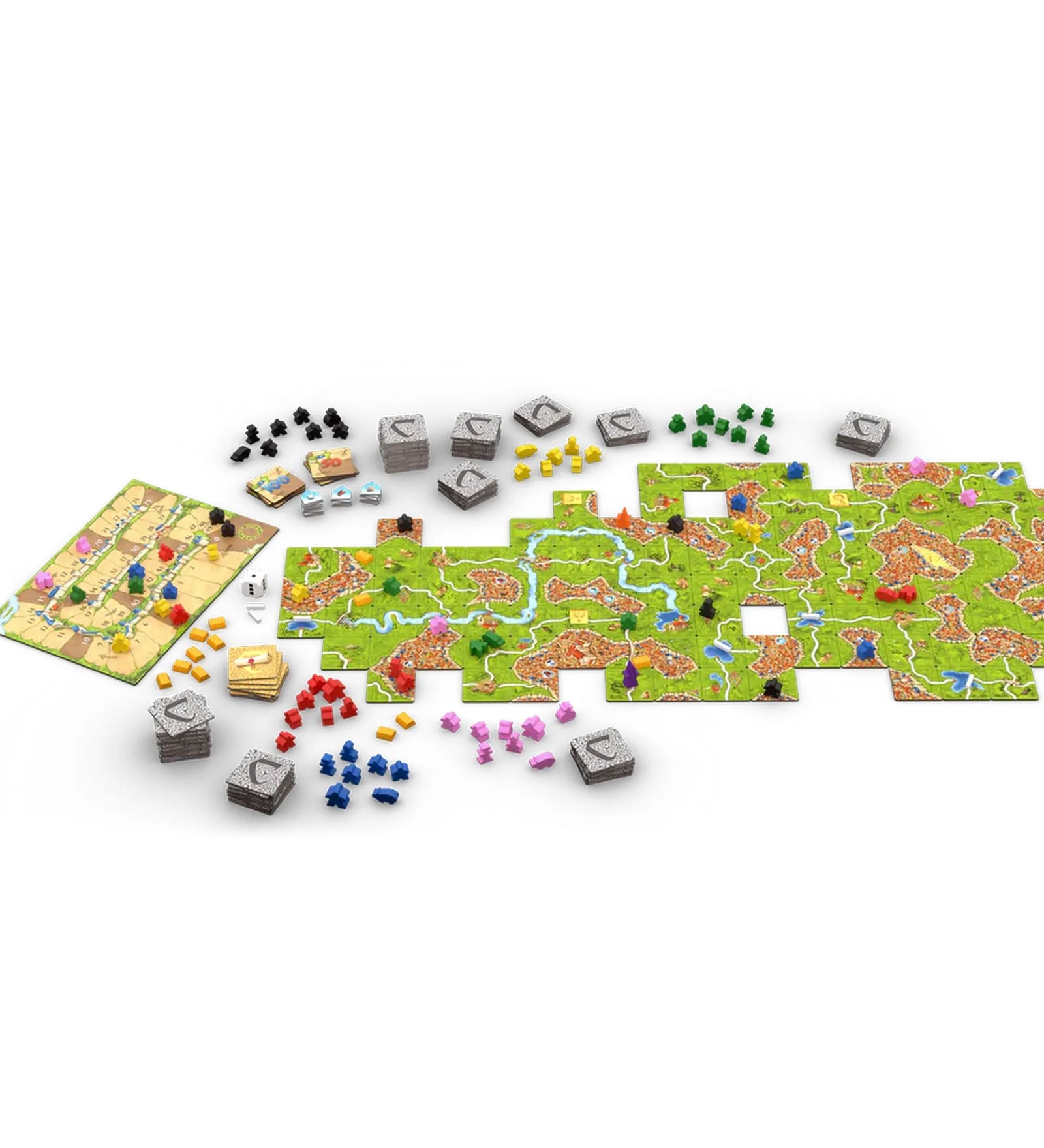 A Carcassonne Big Box társasjáték teljes tartalma kiterítve: színes tereplapkák, pontozótábla, fa figurák és különböző kiegészítők. A játéktér középkori városokat, utakat, folyókat és mezőket ábrázol, több bővítménnyel kombinálva a klasszikus Carcassonne élményt.