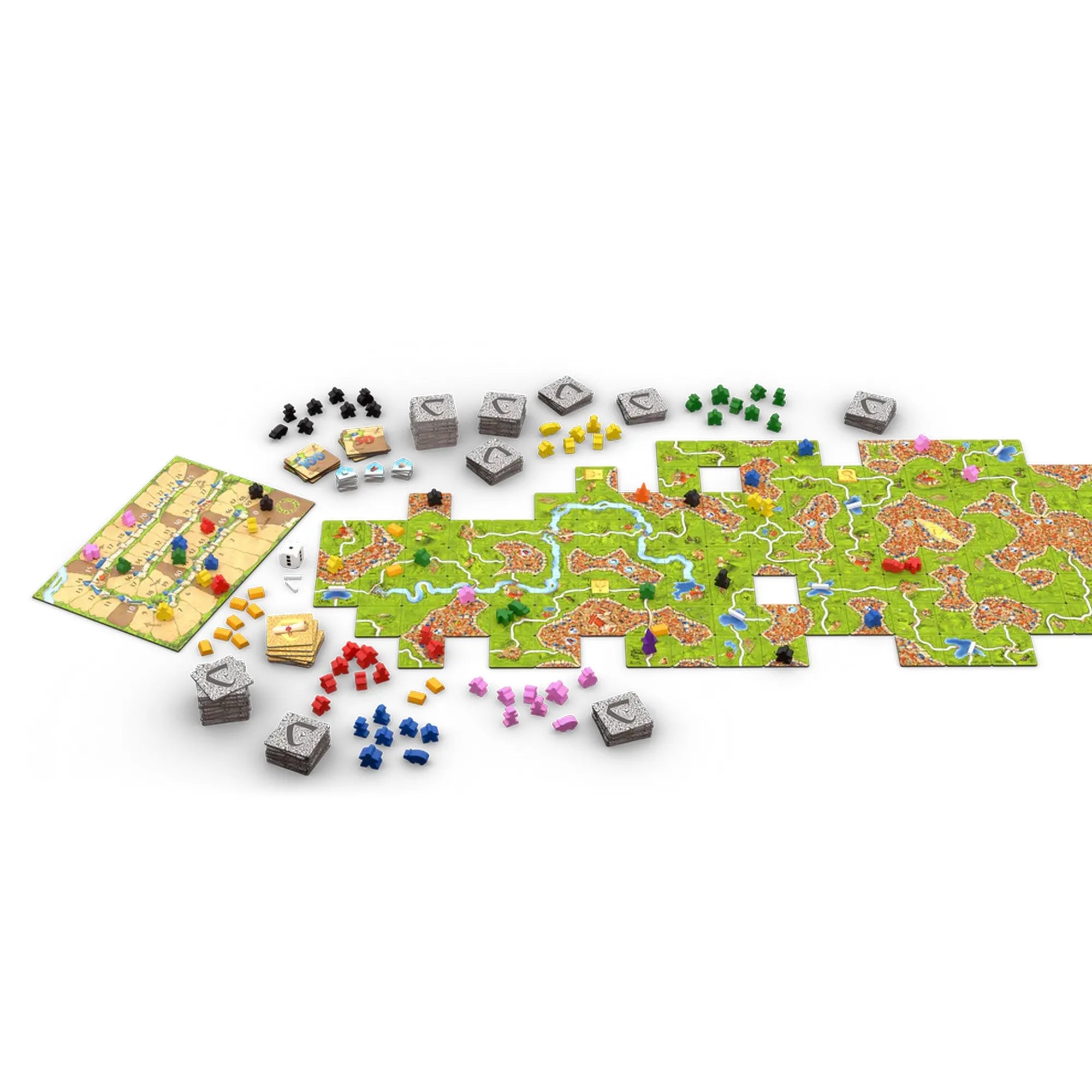 A Carcassonne Big Box társasjáték teljes tartalma kiterítve: színes tereplapkák, pontozótábla, fa figurák és különböző kiegészítők. A játéktér középkori városokat, utakat, folyókat és mezőket ábrázol, több bővítménnyel kombinálva a klasszikus Carcassonne élményt.