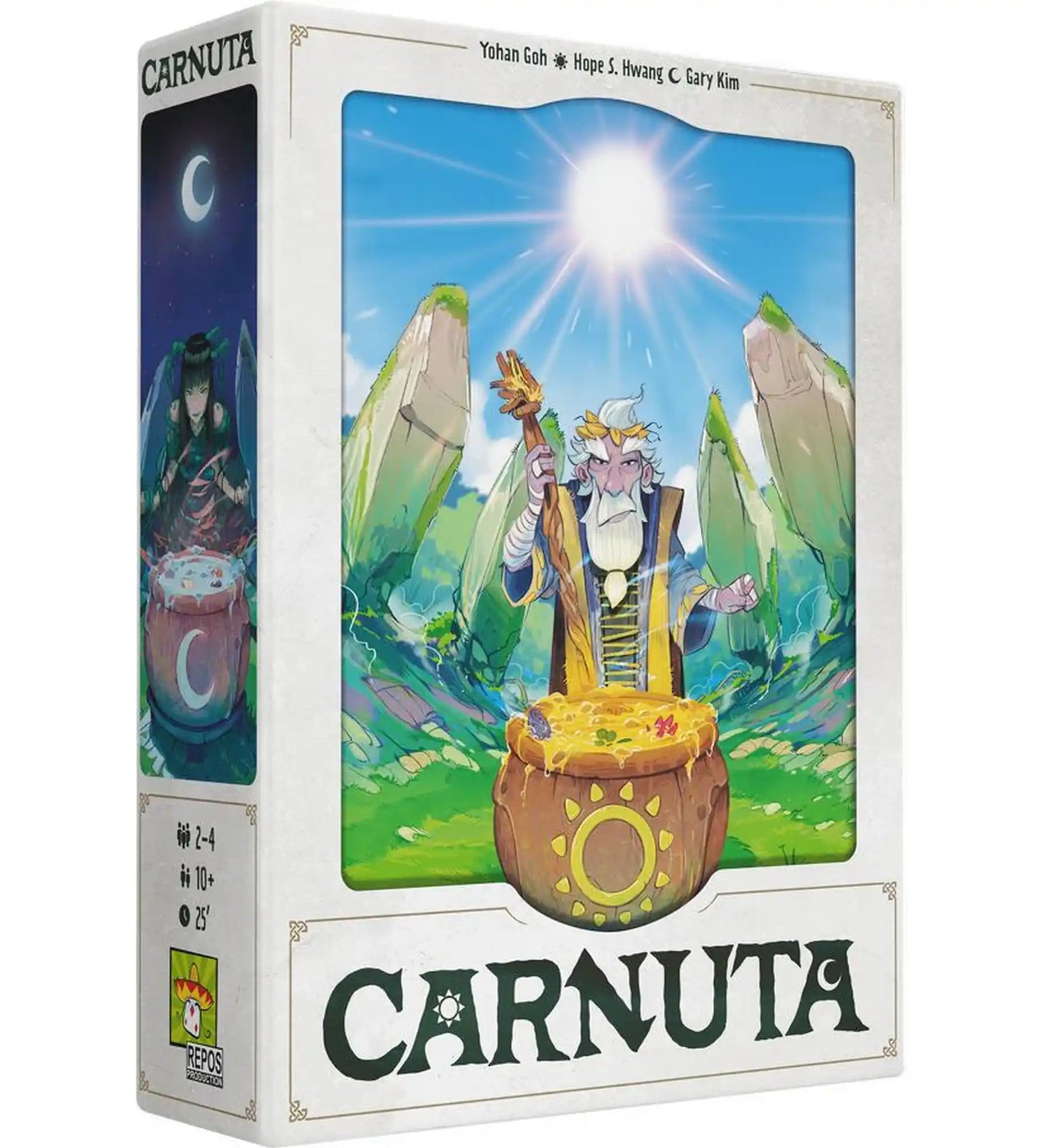 Carnuta társasjáték dobozkép varázslóval és üsttel, fantázia illusztrációval.