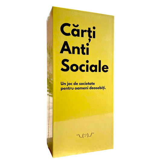 Cărți Anti Sociale román nyelvű partijáték sárga doboza fekete felirattal, felnőtteknek szóló humoros kártyajáték.