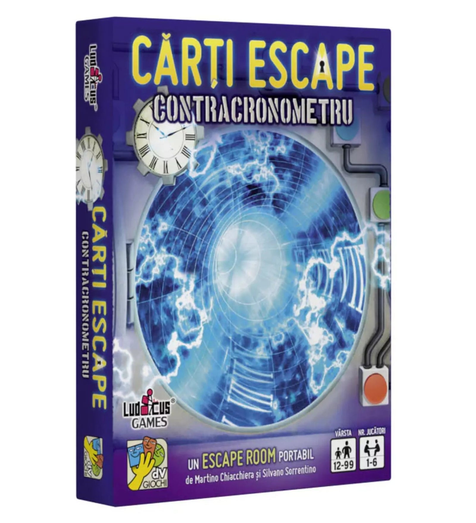 A ,,Cărți Escape Contracronometru" társasjáték doboza, amely izgalmas szabadulószobai élményt kínál kártyák formájában.